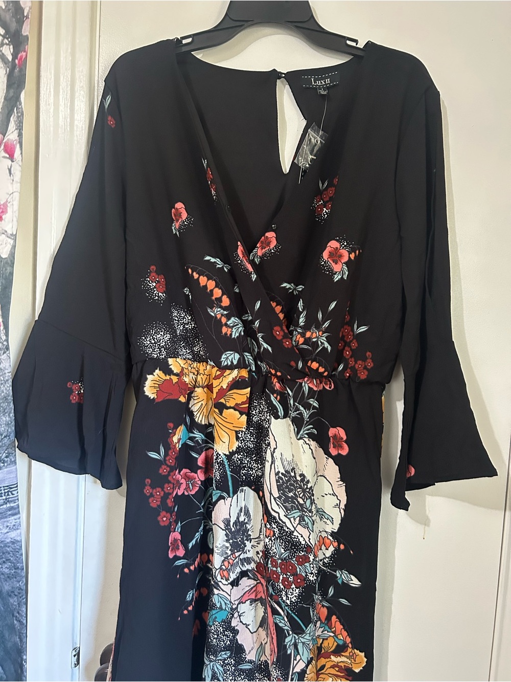 Luxe Black Floral Faux Wrap Dress Yellow, Coral and Teal Blooms